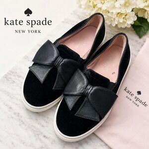 Kate Spade Velvet Bow Sneakers Womens 8 Black Slip On Flat Luxury Designer Luxe